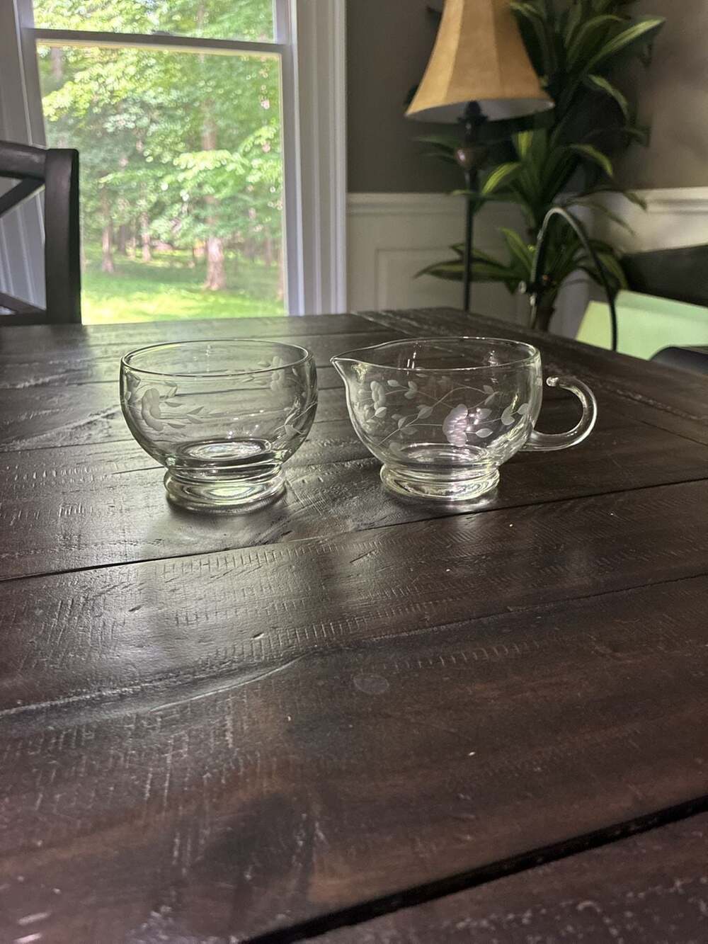 Princess House Heritage Etched Glass Stackable Creamer and Open Sugar Bowl Set